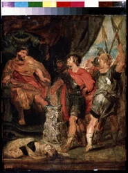 Mucius Scaevola devant Porsenna (Mucius Scaevola przed Porsenną). Caius Mucius Scaevola, jeune patrycjusz Romain capture par la garde royale de Porsenna (Porsinna, Porsena)