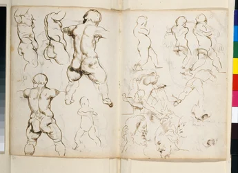Widok z tyłu rzymskiego marmuru przedstawiającego Chłopca z gęsią w jego zaginionej "księdze rysunków" zachowanej w rejestrze Chatsworth, fol. 64v-65r (pióro i tusz na papierze)