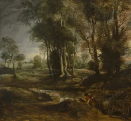Wieczorny pejzaż z drewnianym wozem, 1630-1640