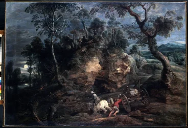 Krajobraz z nosicielami kamienia. Obraz Petera Paula (Pierre-Paul) Rubensa (lub Peter Paul lub Petrus Paulus) (1577-1640). Olej na płótnie, 86 x 126,5 cm, ok. 1620. Sztuka flamandzka, Sztuka baroku. Ermitaż, ul.