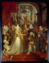 Małżeństwo przez pełnomocnika Marii Medycejskiej (Marie de Medicis) (1573-1642) i Henryka IV we Florencji w dniu 5/10/1600. Obraz Pierre Paul (Pierre-Paul) Rubensa (lub Peter Paul lub Petrus Paulus) (1577-1640). XVII w. niedz. 3,94x2,95 m²