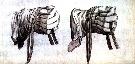 Studium dwóch dłoni w rękawiczkach trzymających wodze podwójnej uzdy z „Nowego traktatu o hodowli koni” napisanego przez Wintersa, Stutereya i Reit-Schula, wyd. 1672 (grawerowanie)