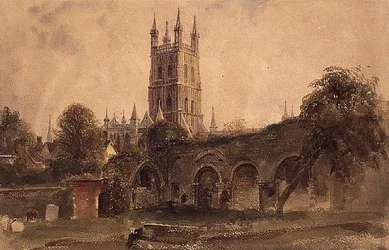 Katedra w Gloucester z ruinami kościoła św. Katarzyny, ok. 1840 (akwarela z wydrapanymi refleksami na papierze)