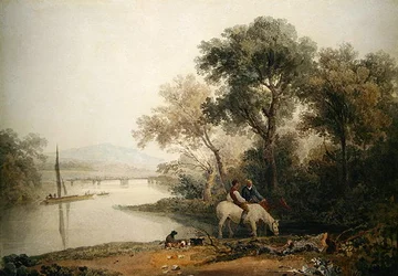 Wieśniacy podający swoje konie na brzegu rzeki, za wieżą (akwarela na papierze)