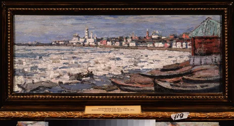 Dryf lodu na Wołdze, niedaleko Jarosławia (Rosja). Praca Piotra Iwanowicza Pietrowiczewa (Piotr Pietrowiczew) (1874-1947), olej na tekturze