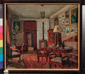 Czytelnia w domu E. Boratyńskiego (Eugeniusza Baratyńskiego) (1800-1844). Malarstwo Piotra Iwanowicza Pietrowiczewa (Piotr Pietrowiczew) (1874-1947), olej na płótnie