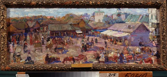 Rynek w Pskowie (Rosja). Praca Piotra Iwanowicza Pietrowiczewa (Piotr Pietrowiczew) (1874-1947), olej na tekturze