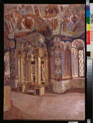 Wnętrze cerkwi św. Jana Ewangelisty w Rostowie (Rosja). Praca Piotra Iwanowicza Pietrowiczewa (Piotr Pietrowiczew) (1874-1947), olej na tekturze