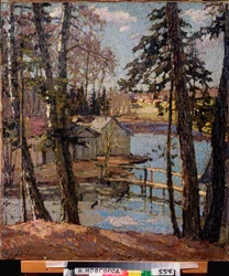 Wiosna. nad stawem. Malarstwo Piotra Iwanowicza Pietrowiczewa (Piotr Pietrowiczew) (1874-1947), olej na płótnie