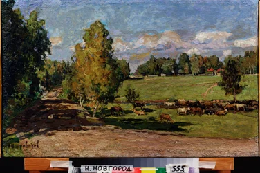 Odpoczynek na łące. (Stado bydła w pobliżu strumienia, przechodzące przez pastwisko). Praca Piotra Iwanowicza Pietrowiczewa (Piotr Pietrowiczew) (1874-1947), olej na tekturze