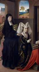 ""Portret Izabeli Portugalskiej (1397-1471) przedstawiony ze Świętą Elżbietą"" (Izabela Portugalska ze Świętą Elżbietą) Obraz Petrus Christus (1410/20-1475/76) - 1457-1460 - Olej na desce Wym. 59x33 cm Groeningemuseum, Brugia