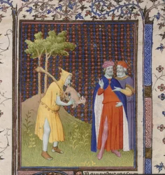 Royal 15 D.11 fol.262 Błazen z małym zwierzęciem, z „Historii biblijnej” Guiart de Moulins (welum)