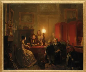 Rodzina zebrana wokół stołu oświetlonego lampami, 1854
