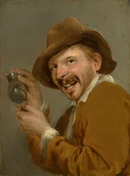 Smak: Roześmiany mężczyzna z odwróconą szklanką. Z cyklu Personifikacje Pięciu Zmysłów, ok. 1635-66 (olej na drewnie)