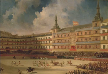 Walka byków na Plaza Mayor w Madrycie podczas uroczystości zaślubin księcia Montpensier