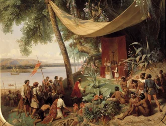Pierwsza msza w Ameryce (XV wiek). Msza na Kubie w 1494 roku, druga podróż Kolumba do Hawany. Fragment
