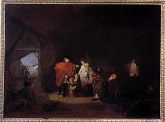 Ludzkość Ludwika XVI: zima 1784 król daje jałmużnę mieszkańcom Wersalu Obraz Louisa Philiberta Debucourta (1755-1832) 1785 nd. 0,61x0,83 m²