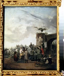 „Szarlatan” Oszust zainstalowany na wiejskim placu wzywa mieszkańców do kupowania cudownych pigułek. Obraz Philibert Louis Debucourt (1755-1832) około 1780 Muzeum Puszkina w Moskwie