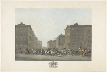 Orkiestra podczas intronizacji Wilhelma I w Brukseli 21 września 1815 Dwanaście plansz przedstawiających przybycie i intronizację Wilhelma I w Brukseli oraz bitwy pod Quatre-Bras i Waterloo w 1815 roku (tytuł serii)