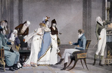 Pomarańcza, Louis-Philibert Debucourt (1755-1832), akwatinta, scena z meblami w stylu etruskim w stylu Directoire, Francja