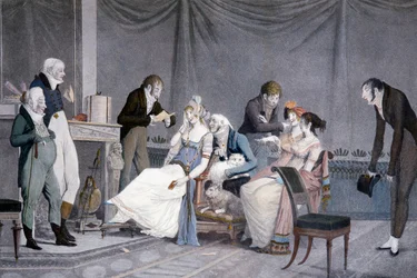 Wizyty, Louis-Philibert Debucourt (1755-1832), akwatinta, scena z meblami w stylu etruskim inspirowanym stylem Directoire, Francja