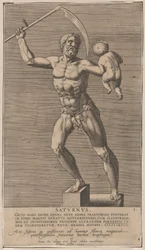 Ilustracja 1: Saturn, posąg nagiego boga stojącego na cokole, trzymającego w prawej ręce kosę..., 1586.