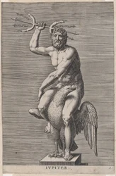 Ilustracja 2: Jowisz, posąg nagiego boga siedzącego na orle, trzymającego podwójny trójząb, od..., 1586.