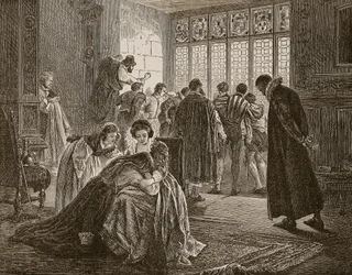 Ambasada angielska podczas masakry św. Bartłomieja, ilustracja z „Ilustrowanej historii Anglii Cassella” (zdjęcie w sepii)