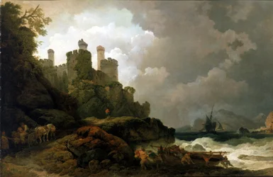 Łódź rybacka wyciągnięta na brzeg w pobliżu zamku Conwy (Walia). Olej na płótnie, około 1800 roku, Philippe-Jacques (Philippe Jacques) de Loutherbourg (1740-1812).