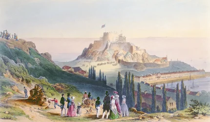 Przybycie Jej Królewskiej Mości na Mount Orgueil, 3 września 1846, z wizyty królowej Wiktorii w Jersey, grawerowane przez H. Waltera, 1847