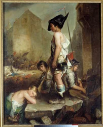 Rewolucja lipcowa: „Les Trois Glorieuses: les petits patriotes”” Młoda napada na barykady w Paryżu. Obraz Philippe Auguste Jeanron (1809-1877) 1830 Caen. Muzeum Sztuk Pięknych