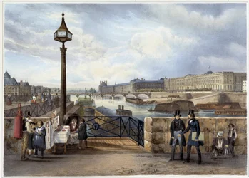 Luwr złowiony z mostu Pont Neuf - w „Promenade dans Paris et ses environs”, zaprojektowanym przez Jacotteta i Benoista, ok. 1930 r. 1840