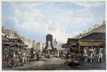 Spacer wokół fontanny niewinnych ok. godz. 1840 - w „”Promenade dans Paris et ses environs””, il. Jacottet i Benoist, Paryż, v.1840