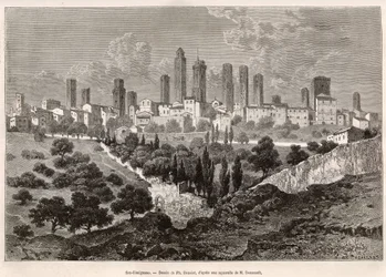 Widok na San Gimignano (Toskania, Włochy). Rycina według rysunku Ph. Benoista, ilustrującego podróż do Toskanii i Umbrii, autorstwa Francisa Weya, w 1875 r., opublikowana w „Le tour du monde” 1876, pod redakcją Edouarda Chartona, wyd. Hachette, Paryż. Selv