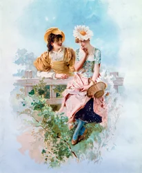 Pewność siebie Dwie młode dziewczyny szepczące sekrety. Litografia Philippe Jacques Linder (1835-?) XIX-wieczna kolekcja prywatna