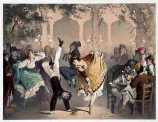Siatka ma popularną rozrywkę Bullier Scene. Litografia autorstwa Philippe Jacques Linder (1835-?). Seria Muzeum Manier i Czynów. Muzeum Carnavalet, Paryż