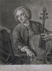 Portret Johna Hebden (fl.1740-60), wiolonczelisty w orkiestrze Haendla, sztychowany przez Johna Fabera (1684-1756), 1741