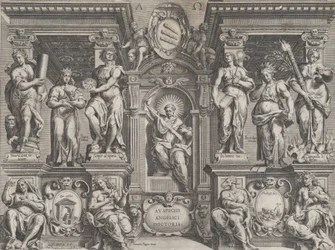 Rycina alegoryczna z różnymi postaciami, osadzona w strukturze architektonicznej, 1608 r.