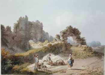 Brama zamku Carisbrook, z „Romantycznej i malowniczej scenerii Anglii i Walii”, opublikowana w 1805 r. (kolorowa grawerunek)