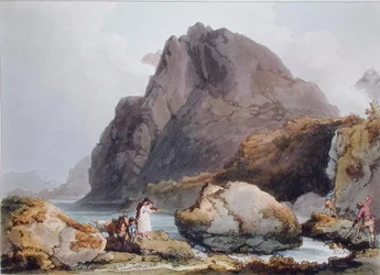 Llyn Ogween, z „Romantyczna malownicza sceneria Anglii i Walii”, opublikowana w 1805 r. (kolorowa grawerunek)
