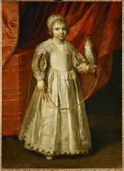 Dziecko z sokołem, prawdopodobnie Anne-Marie de Chevreuse, lat 5, córka Claude de Lorraine, duc de Chevreuse ...