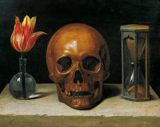 Martwa natura vanitas z tulipanem, czaszką i klepsydrą