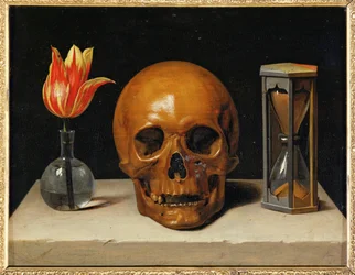 Vanitas, alegoria ulotnego czasu z czaszką i klepsydrą (olej na płótnie)