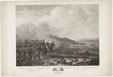 Książę Orange dowodzący oddziałami holenderskimi w bitwie pod Quatre-Bras, 1815 Jego Królewska Wysokość William, George, Frederik, Lodewijk, następca tronu Królestwa Niderlandów na czele armii holenderskiej przeciwko armii francuskiej przez Quatre-B
