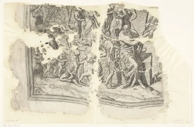 Lewy dolny róg wydruku sceny autorstwa Cebes Tabula Cebetis Carta Vitae (tytuł oryginalny)