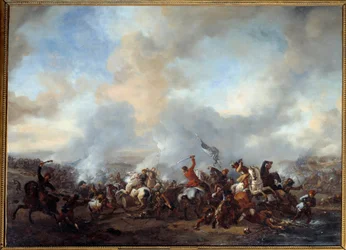 Wielka walka jeźdźców i piechurów Obraz Philipsa Wouwermana (1619-1668) XVII w. Słońce. 0,99x1,35 m²