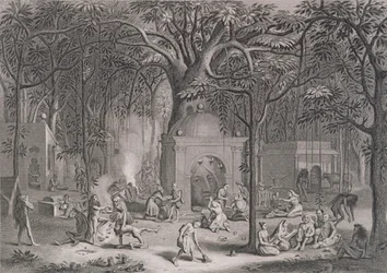 Hinduscy fakirowie praktykujący swoje przesądne obrzędy, grawerowane przez Bella, z World Religion, wydane przez A. Fullarton & Co.