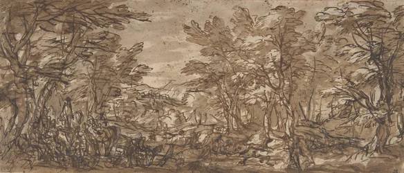 Scena leśna, postój na lewo, polowanie w centrum, 1612-66.