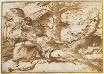 Anioł ukazujący się Hagar na pustyni (recto), ok. 1660 (tusz i rysunek)