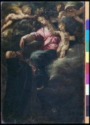 Madonna Różańcowa z Dzieciątkiem Jezus, św. Dominik i dwa anioły, ok. 1617 (olej na płótnie)